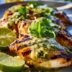 Grilled salsa verde chicken topped with pepper jack cheese on a plate