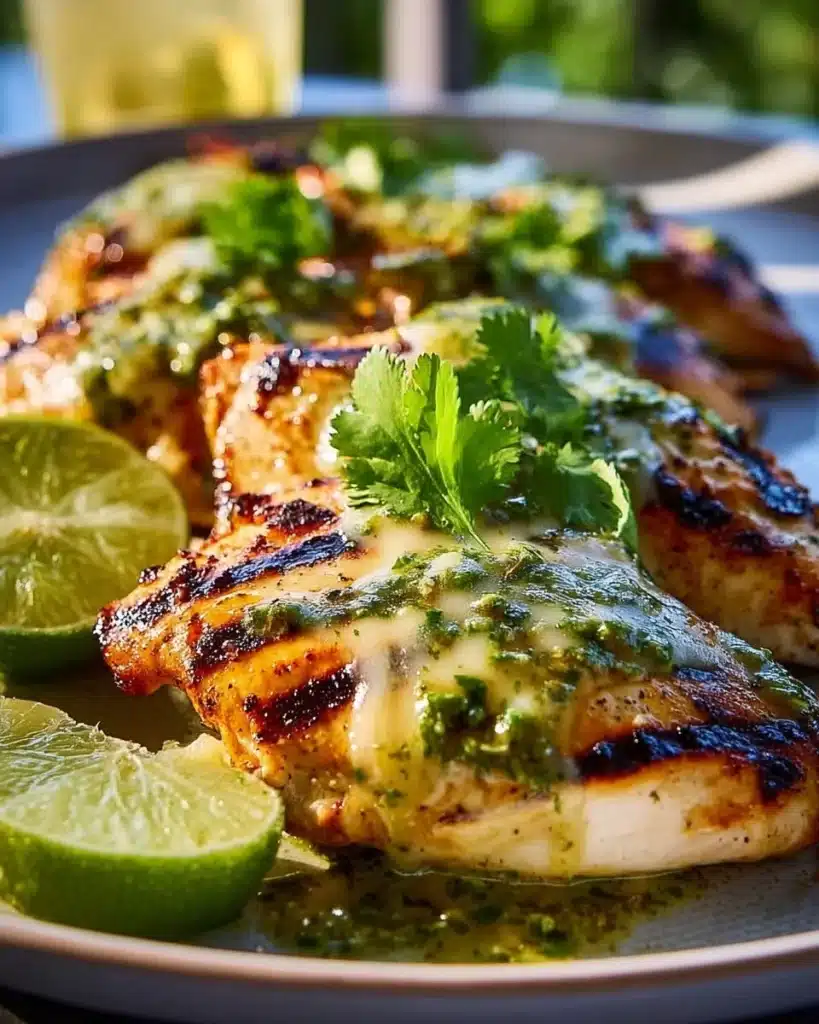 Grilled salsa verde chicken topped with pepper jack cheese on a plate