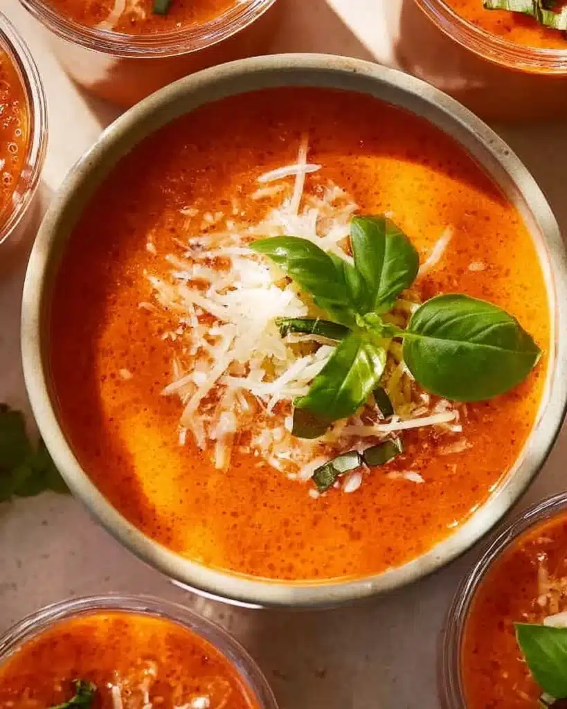 High Protein Tomato Soup in a bowl with garnishes