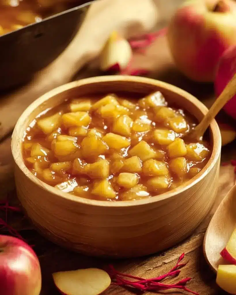 Bowl of homemade apple pie filling made with fresh apples and spices