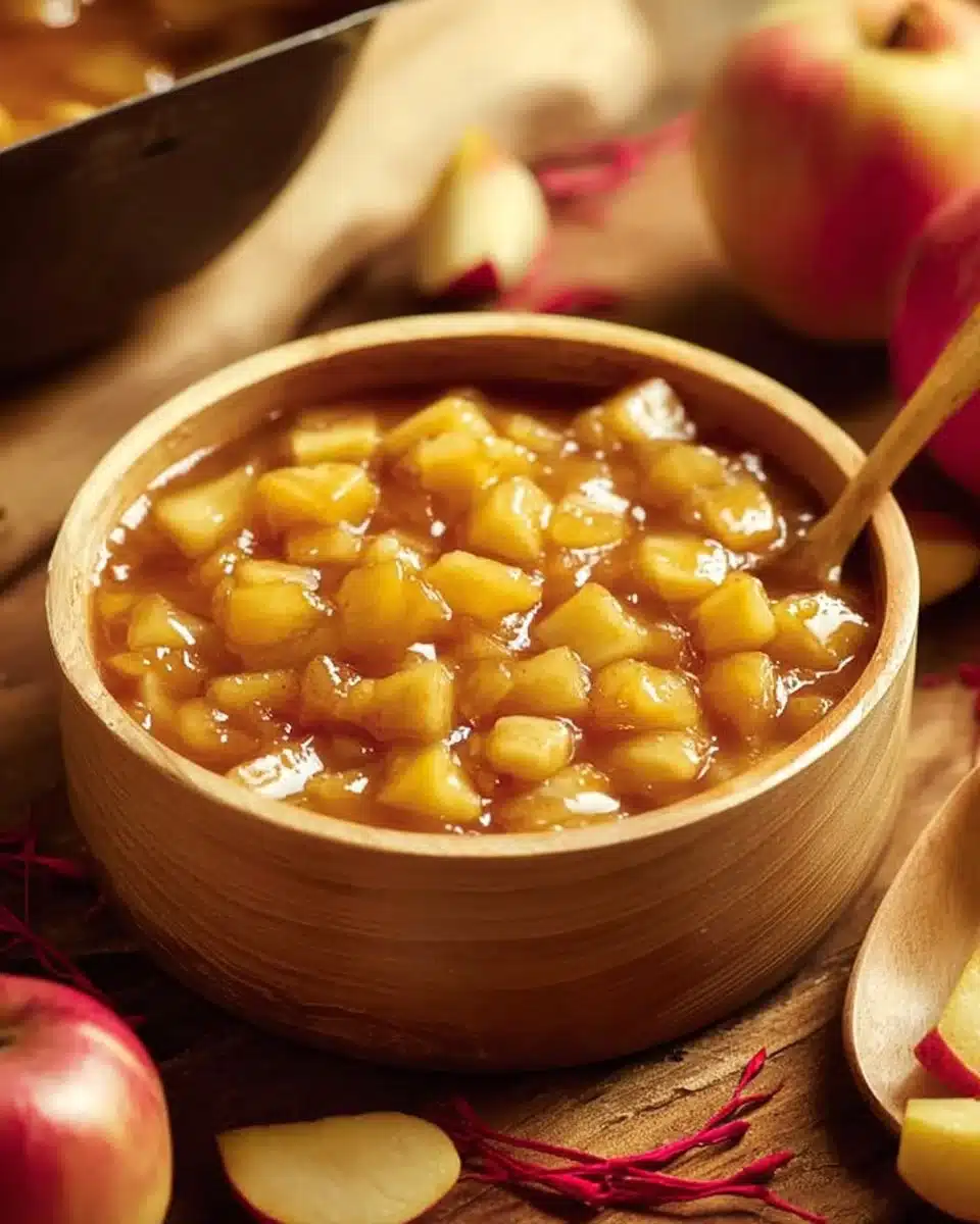 Bowl of homemade apple pie filling made with fresh apples and spices