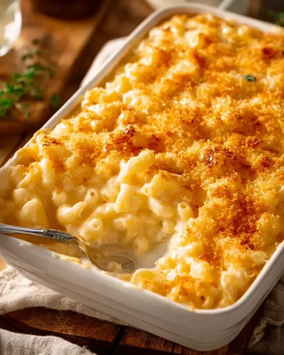 Delicious homemade baked mac and cheese with a golden crust and creamy cheese sauce.
