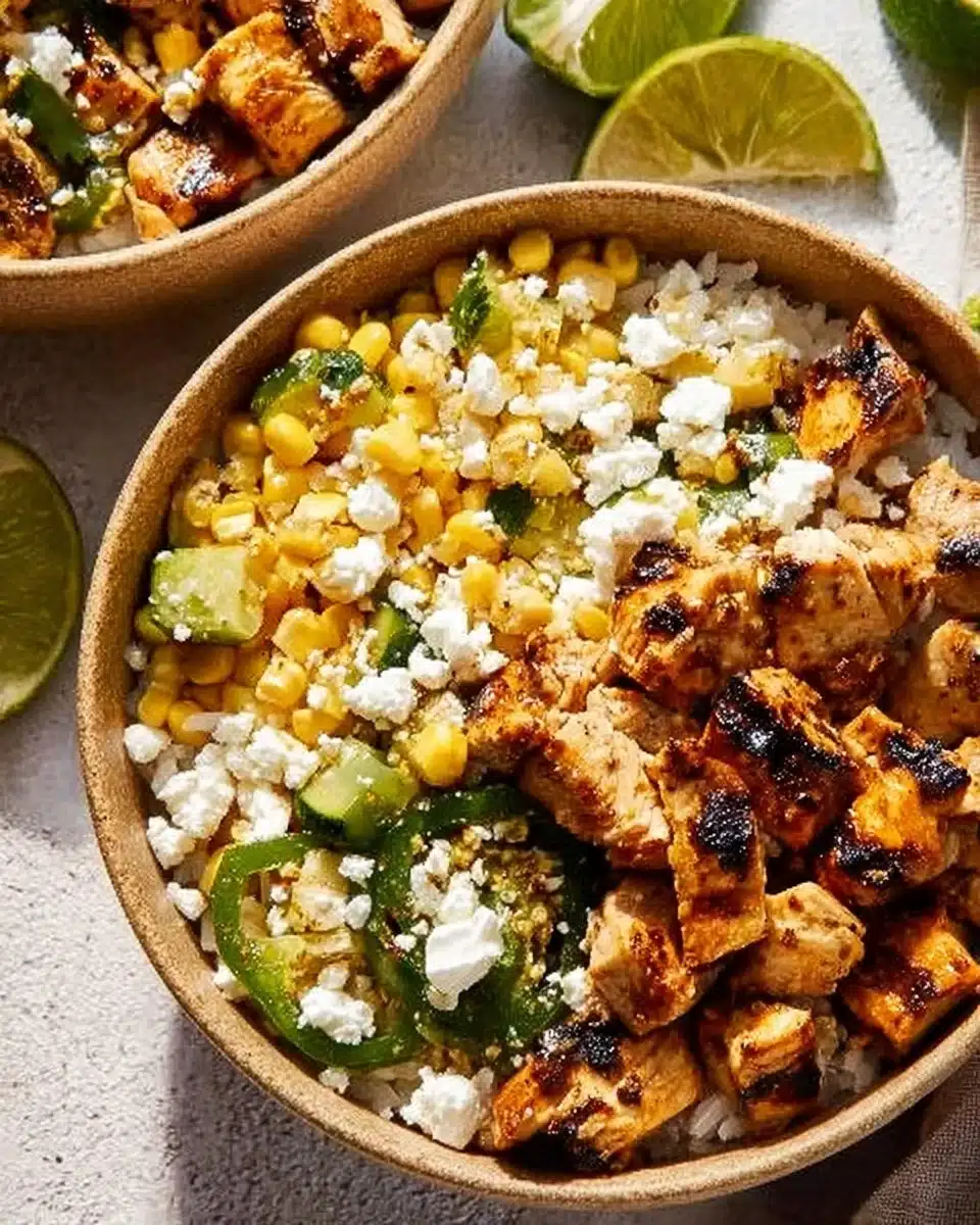 Delicious Honey Chipotle Chicken Rice Bowl topped with fresh ingredients