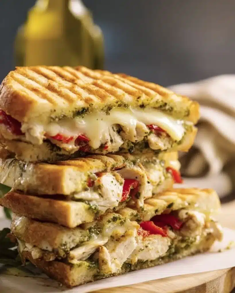 Close-up of a scrumptious Italian Chicken Panini sandwich on a wooden board.