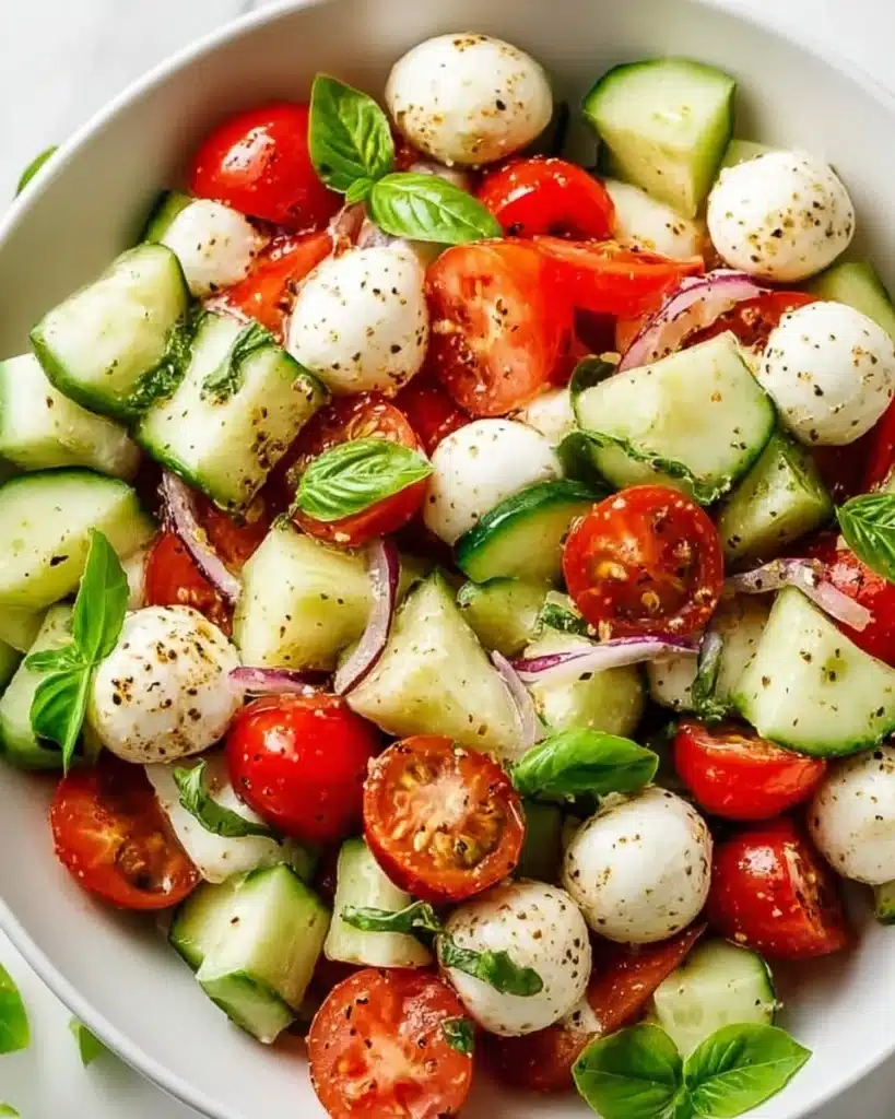 Juicy Cucumber Caprese Salad with fresh mozzarella, basil, and vibrant cucumbers