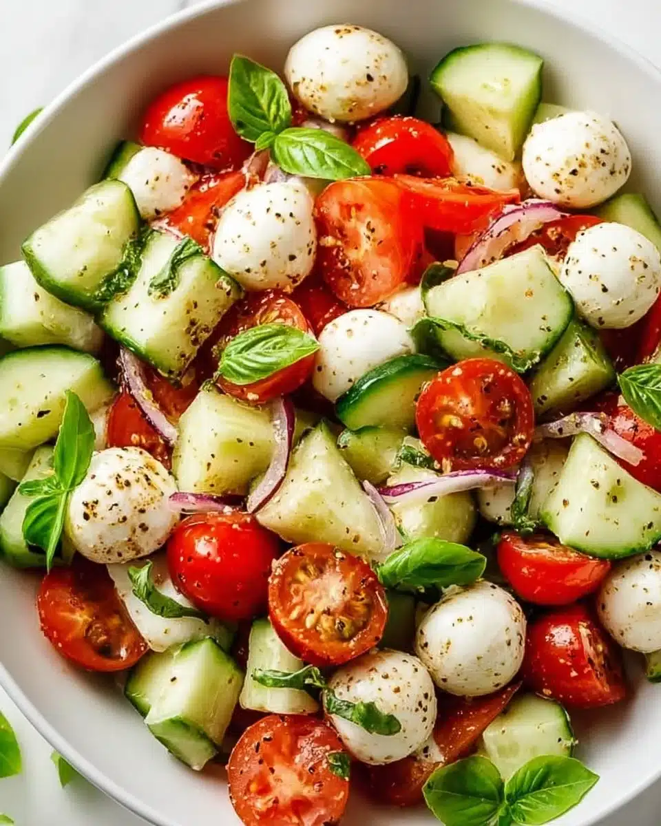 Juicy Cucumber Caprese Salad with fresh mozzarella, basil, and vibrant cucumbers