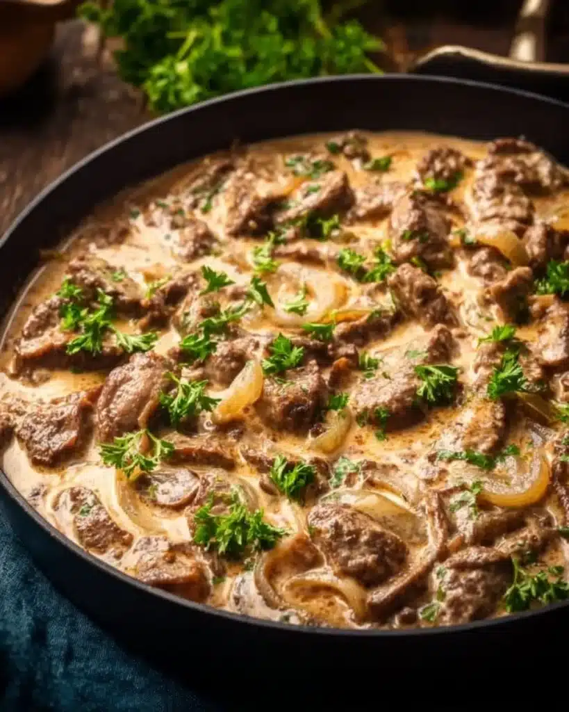 Keto Beef Stroganoff with tender beef and creamy sauce