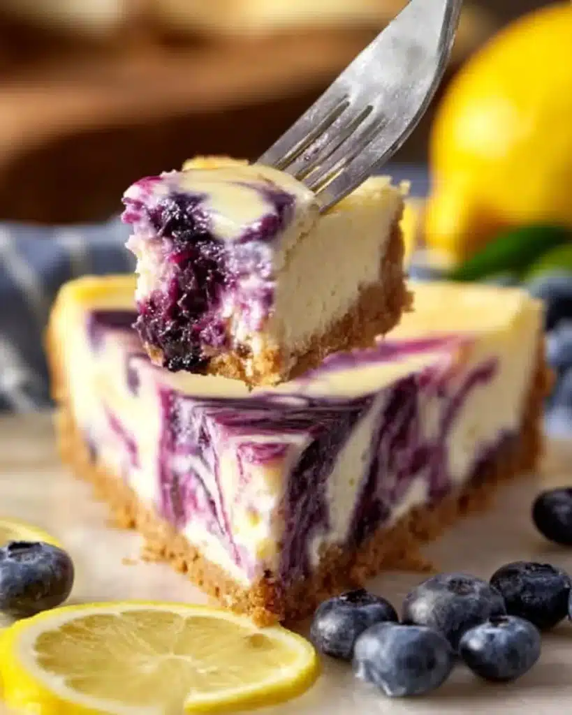 Delicious lemon blueberry cheesecake slice on a plate