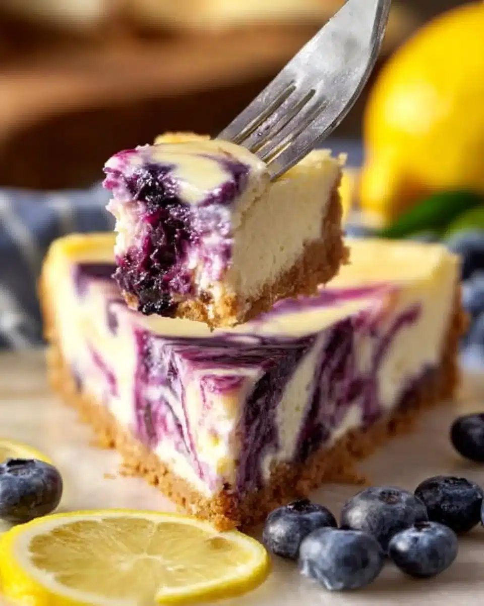 Delicious lemon blueberry cheesecake slice on a plate