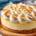 Lemon meringue cheesecake topped with golden meringue and fresh lemon zest.