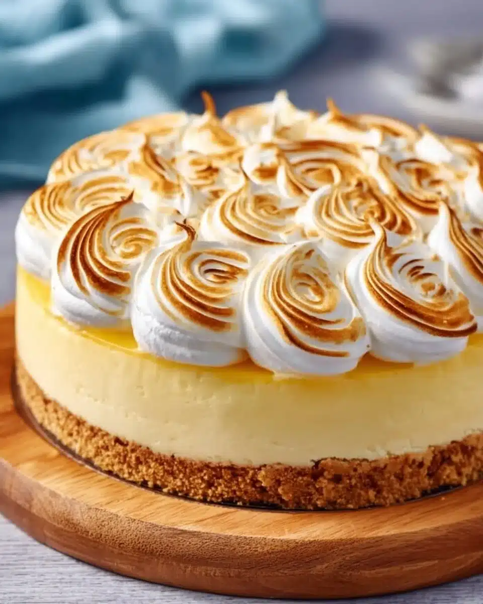 Lemon meringue cheesecake topped with golden meringue and fresh lemon zest.