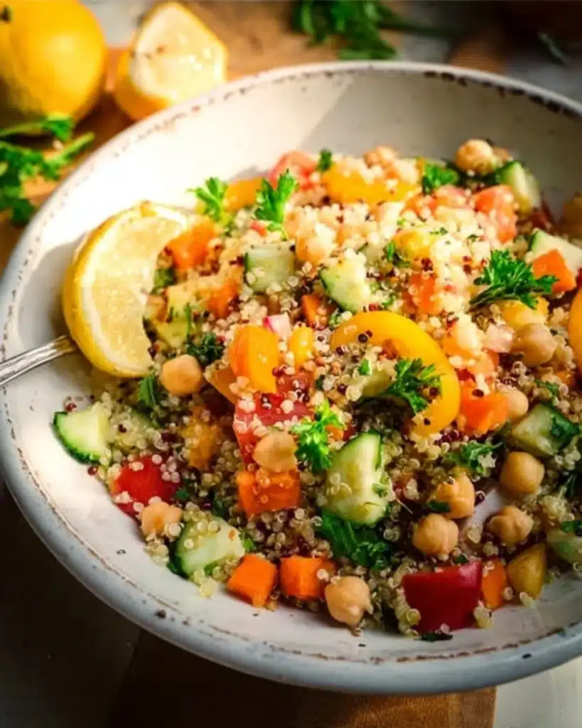 Delicious Lemon Quinoa Salad with chickpeas and fresh vegetables