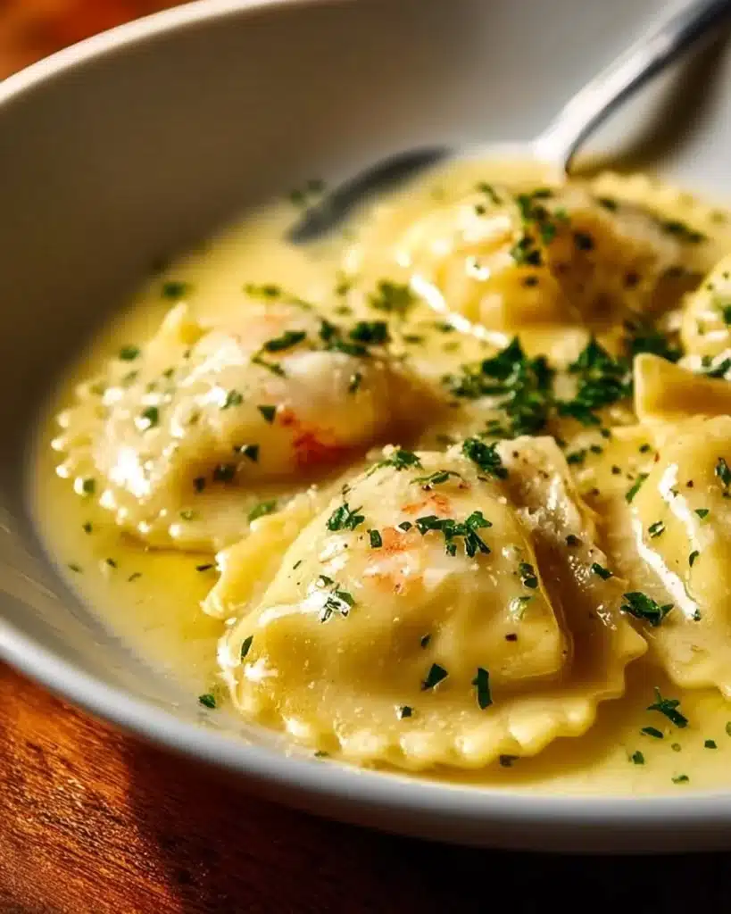 Plate of Lobster Ravioli topped with Lemon Butter Sauce and garnished with herbs
