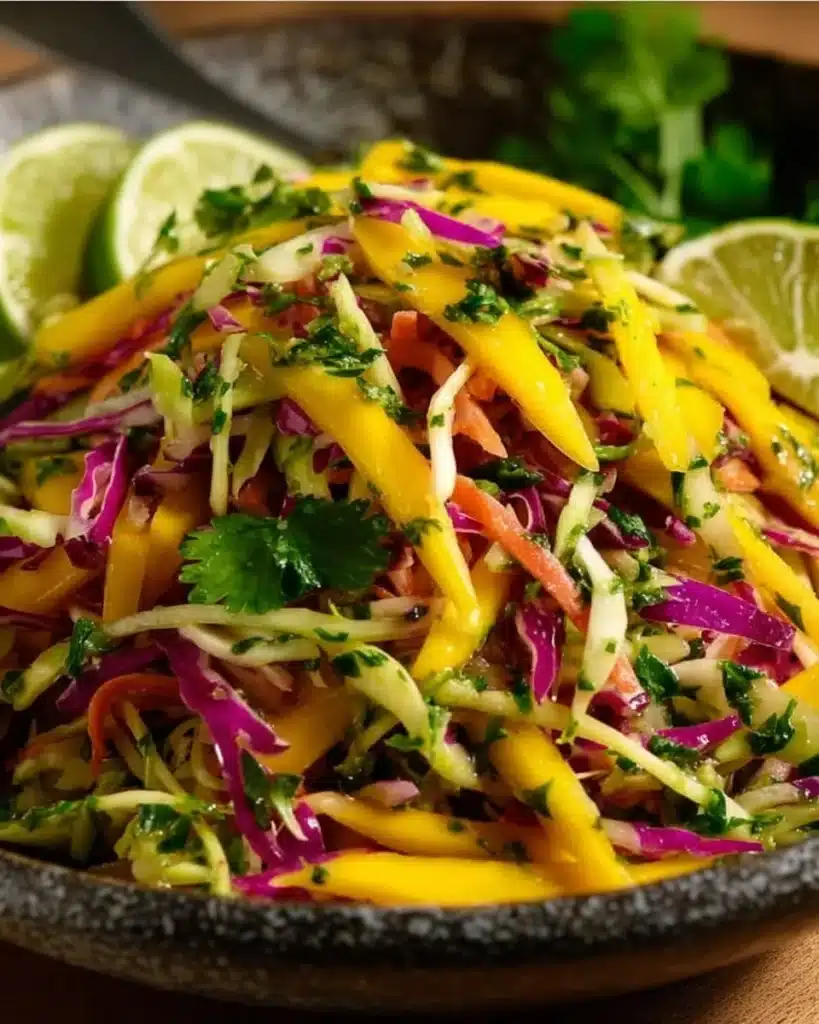 Colorful bowl of fresh Mango Slaw with vibrant vegetables and dressing