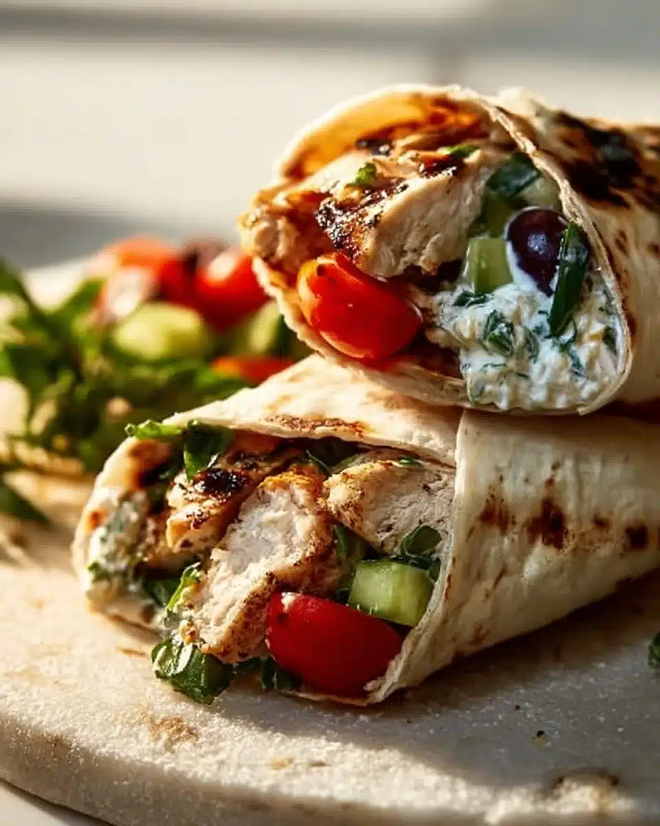 Mediterranean Chicken Wraps with fresh vegetables and herbs