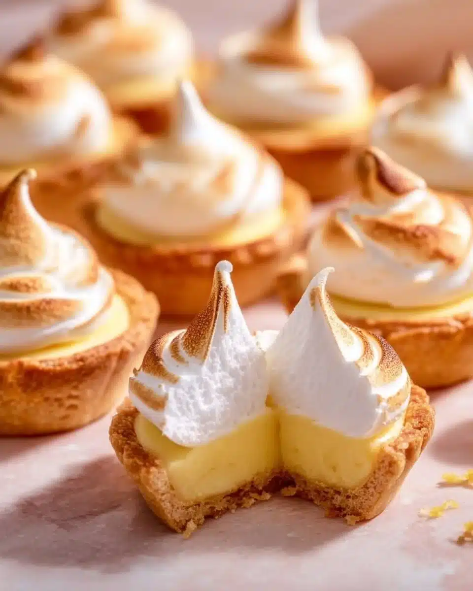 Mini lemon meringue tarts with fluffy meringue topping on a golden crust