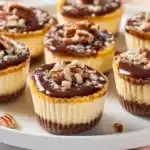 Delicious mini turtle cheesecakes topped with chocolate and caramel