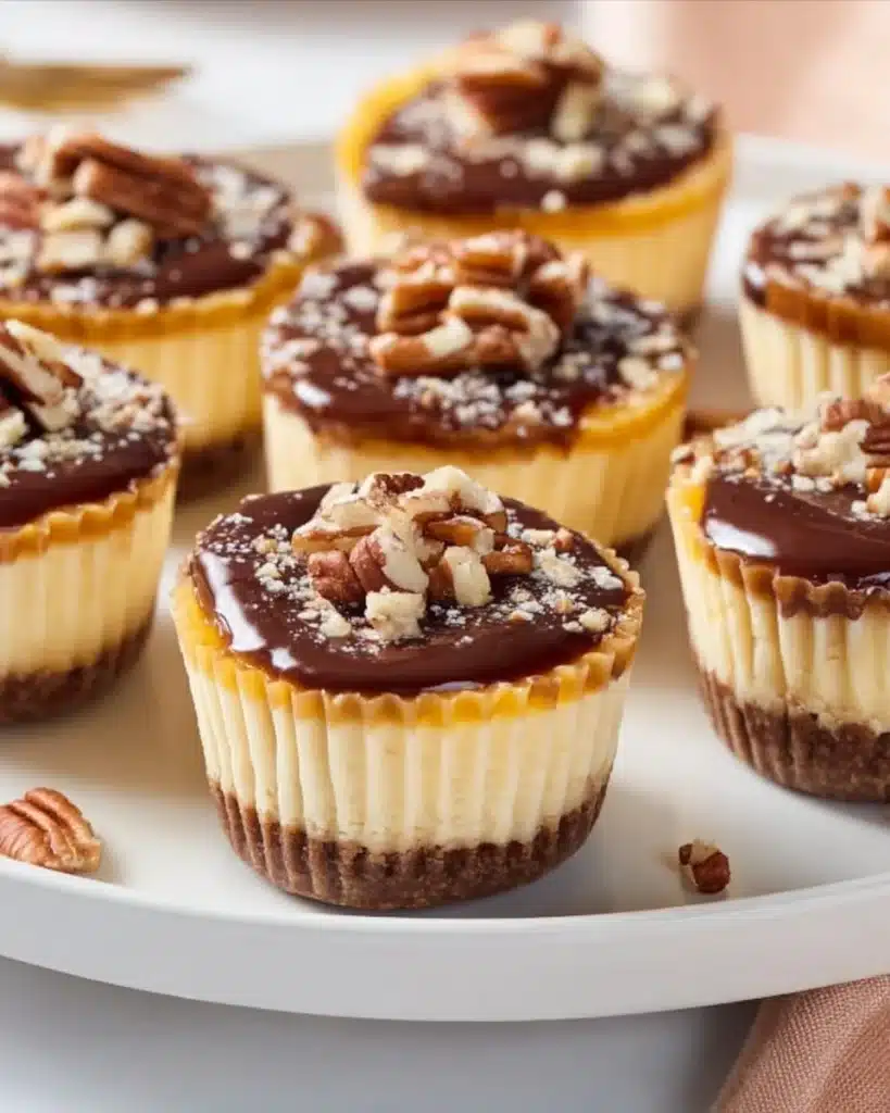 Delicious mini turtle cheesecakes topped with chocolate and caramel