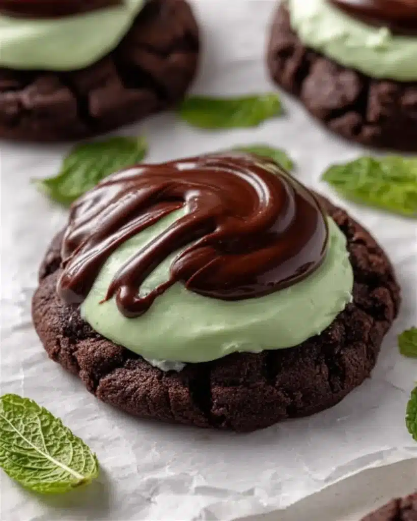 Delicious Crumbl-inspired mint brownie cookies on a plate.
