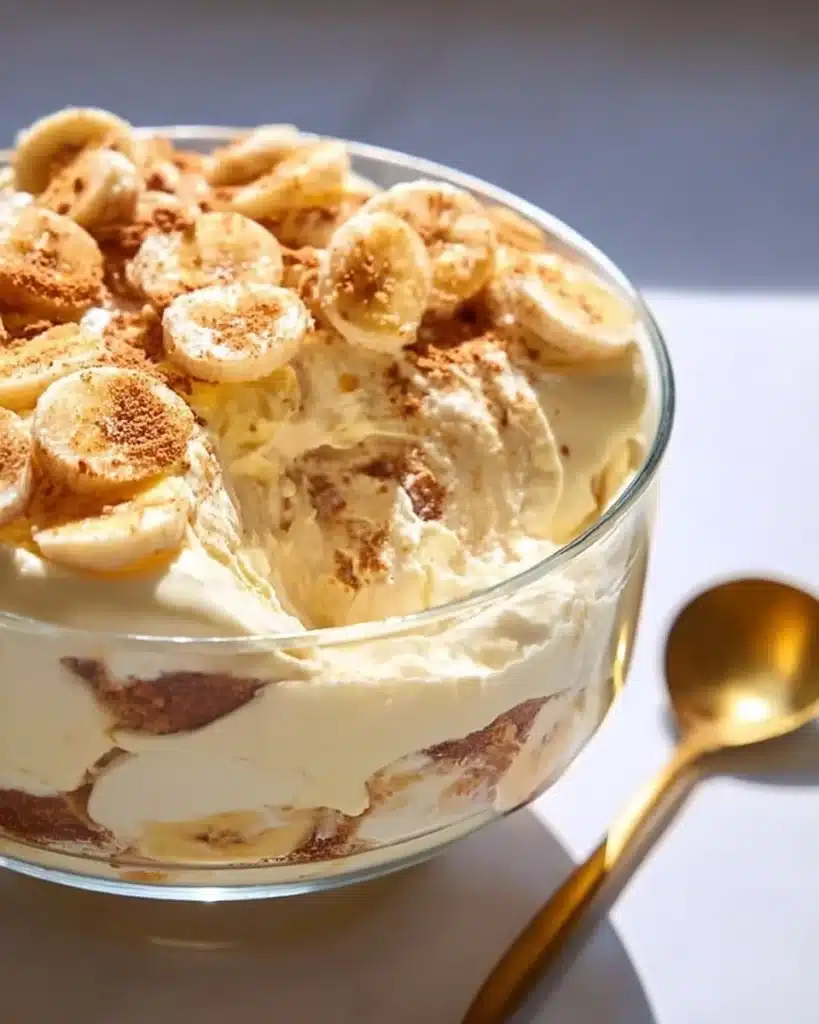 Delicious homemade banana pudding topped with whipped cream and vanilla wafers