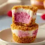 No bake raspberry cheesecake bites on a white plate with fresh raspberries