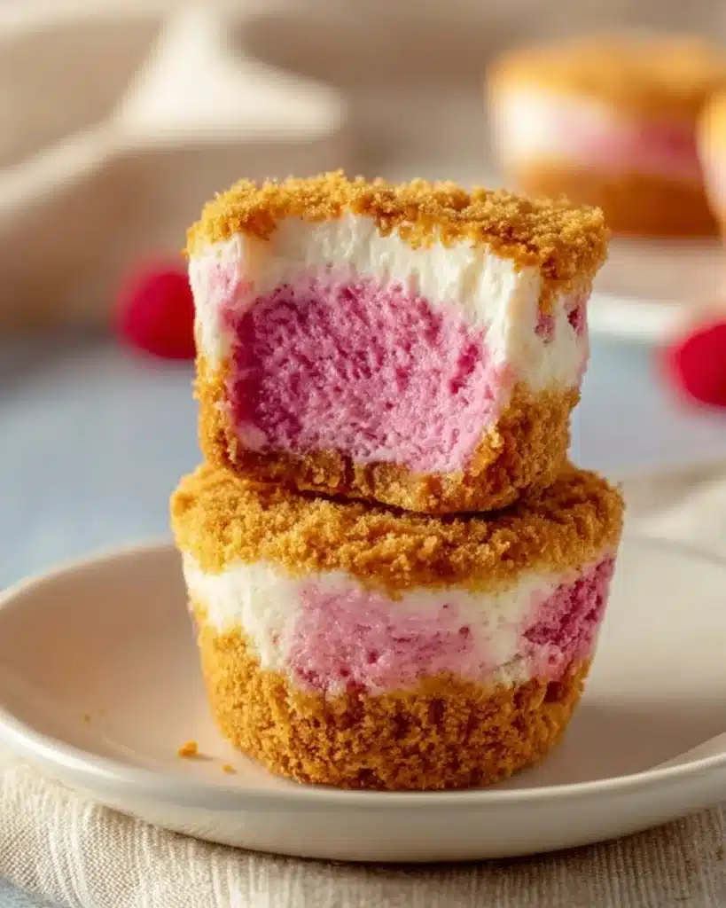 No bake raspberry cheesecake bites on a white plate with fresh raspberries