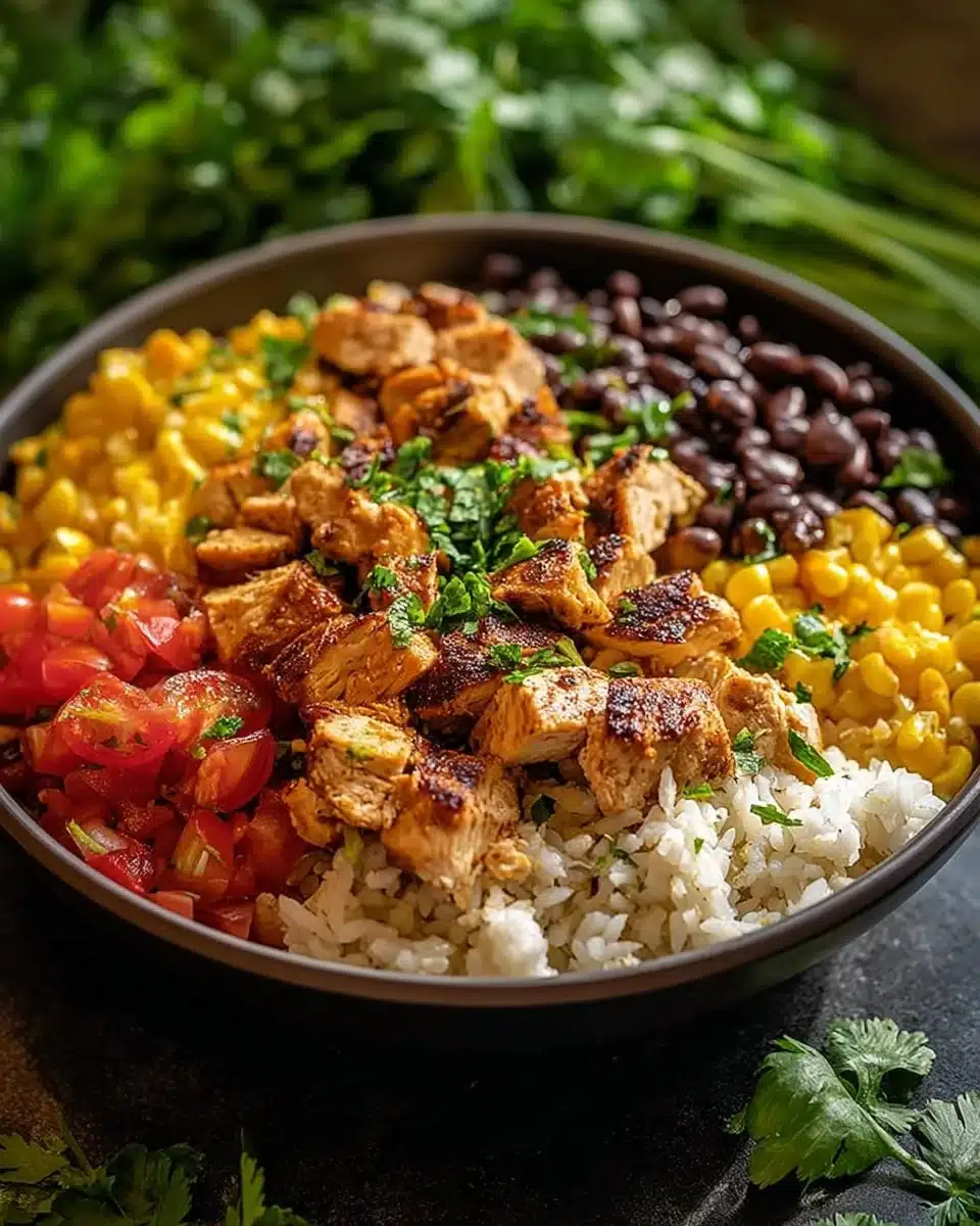One-Pan Chicken Burrito Bowl with chicken, rice, and fresh toppings