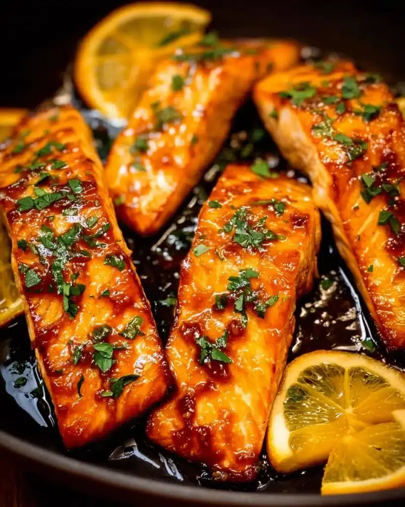 Delicious orange glazed salmon fillet garnished with herbs