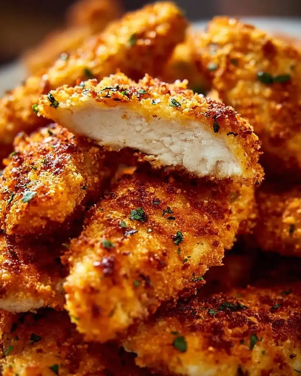 Crispy oven-baked parmesan chicken tenders on a plate with dipping sauce