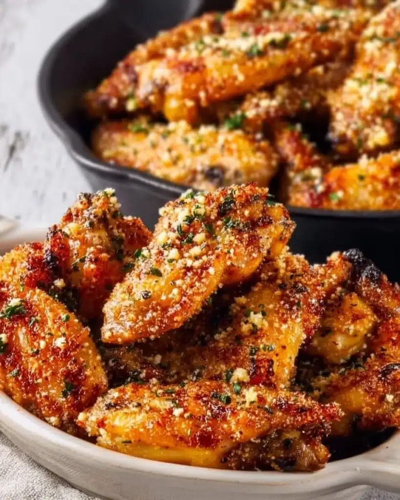 Oven-roasted garlic parmesan wings on a plate garnished with herbs