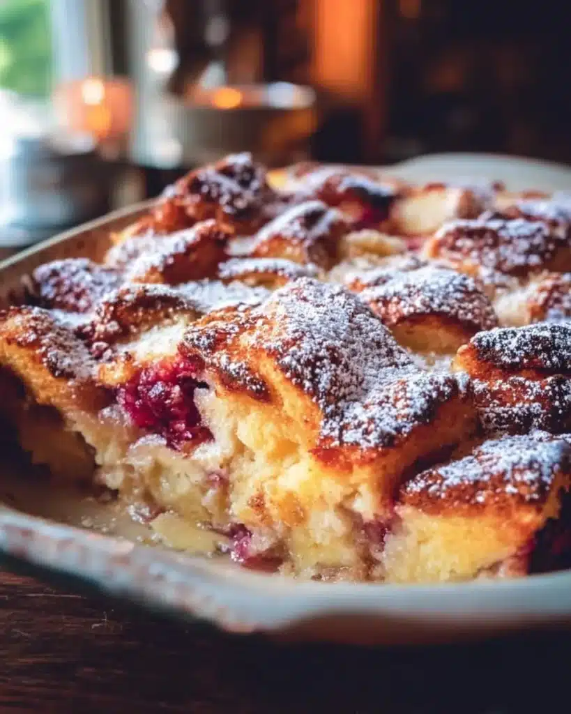 Delicious Overnight French Toast Casserole served in a dish, topped with syrup and berries.