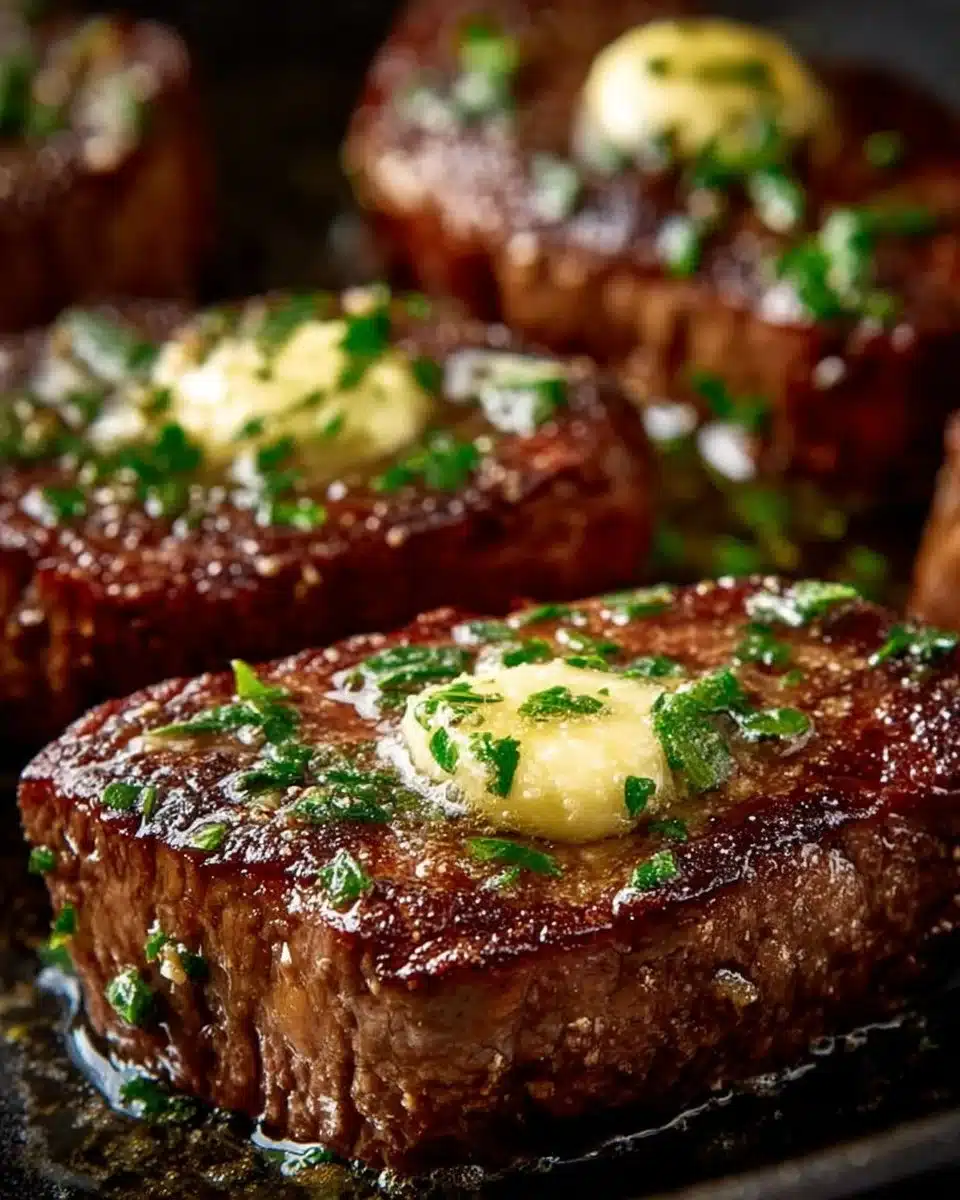 Pan seared steak topped with flavorful garlic butter on a white plate