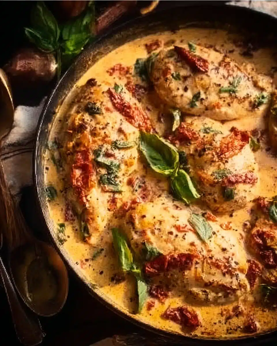 Delicious Parmesan Cream Chicken with Sun-Dried Tomatoes on a plate
