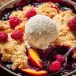 Delicious peach cobbler with raspberries fresh out of the oven