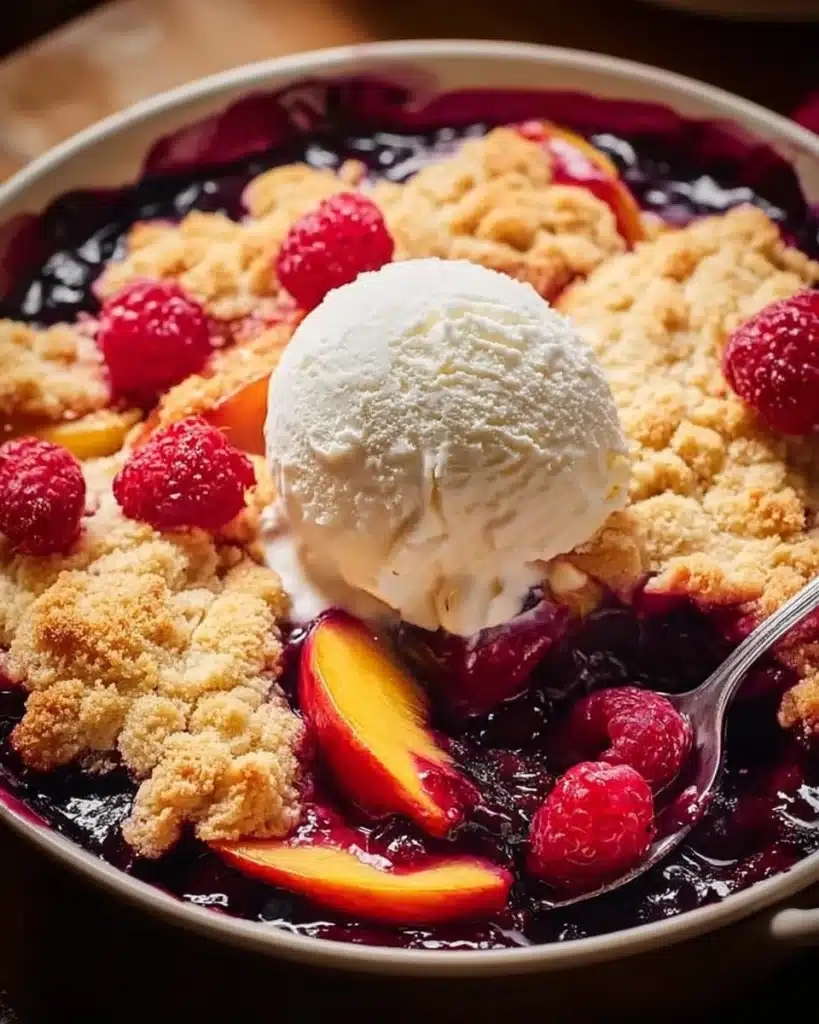 Delicious peach cobbler with raspberries fresh out of the oven