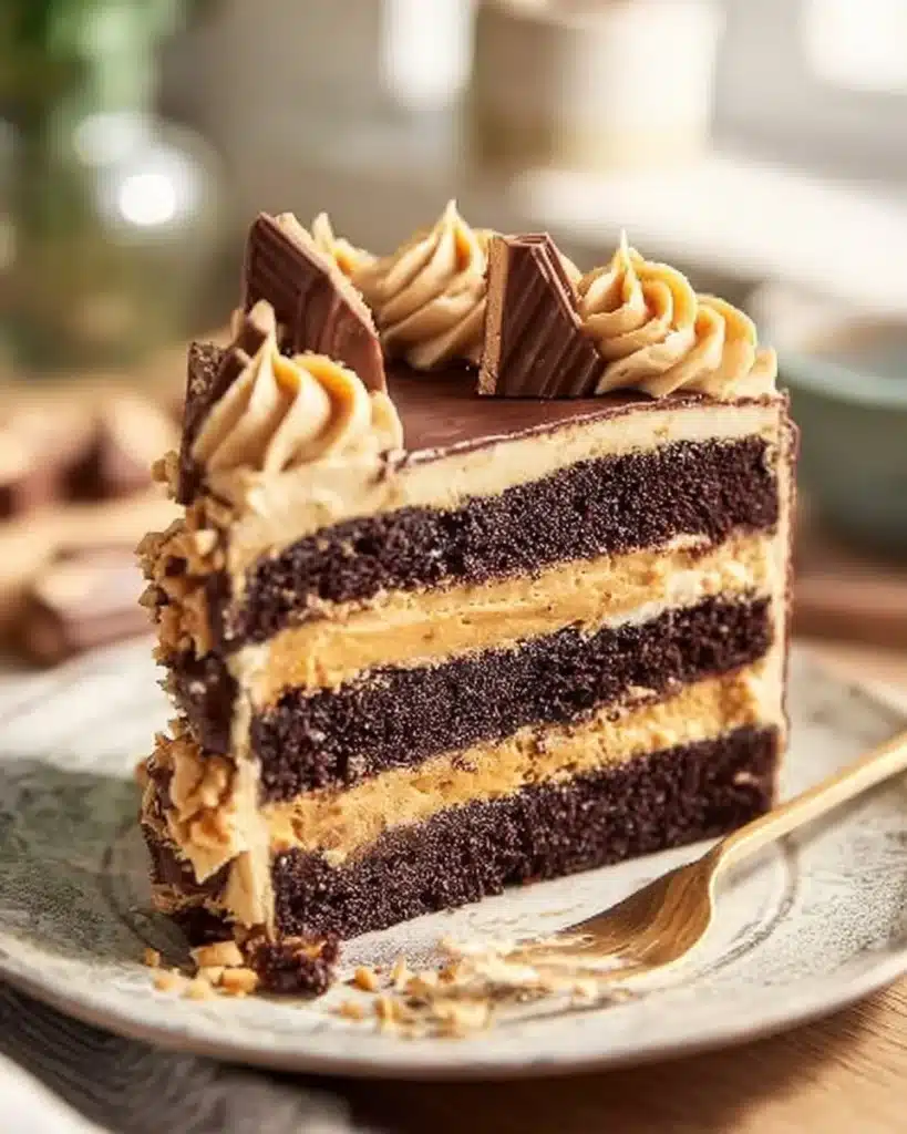 Delicious Peanut Butter Chocolate Layer Cake with rich frosting and layers.