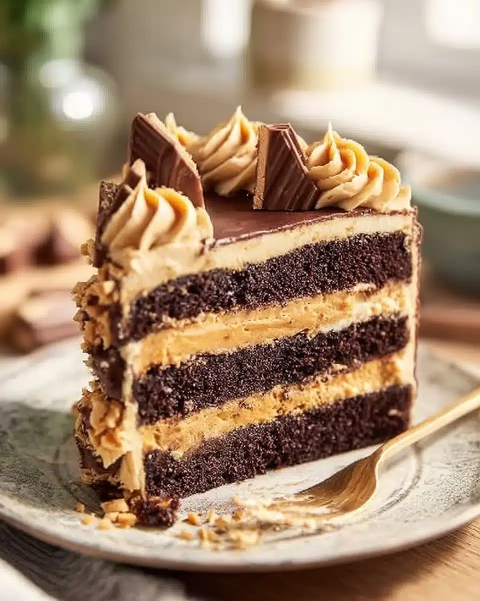 Delicious Peanut Butter Chocolate Layer Cake with rich frosting and layers.