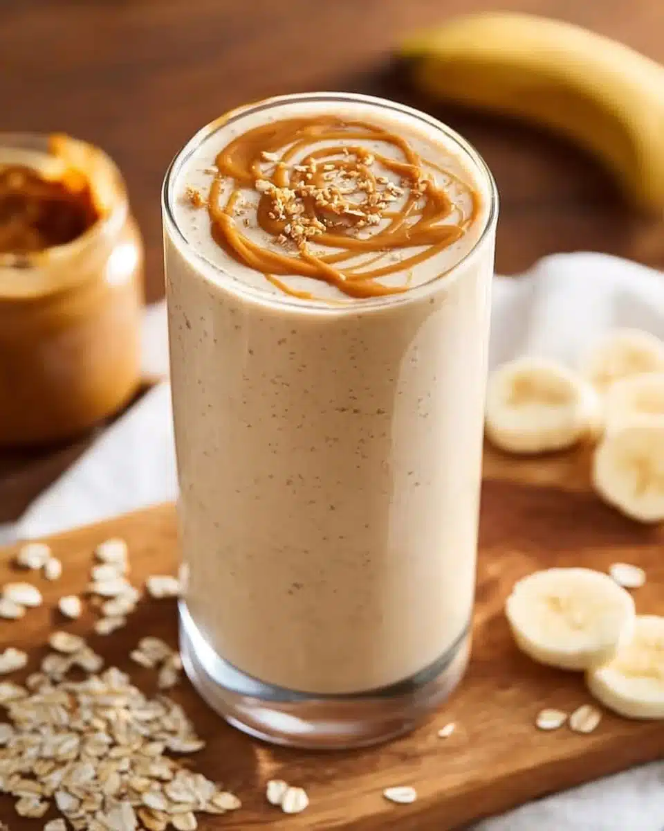 Healthy peanut butter oatmeal smoothie in a glass with oats and bananas