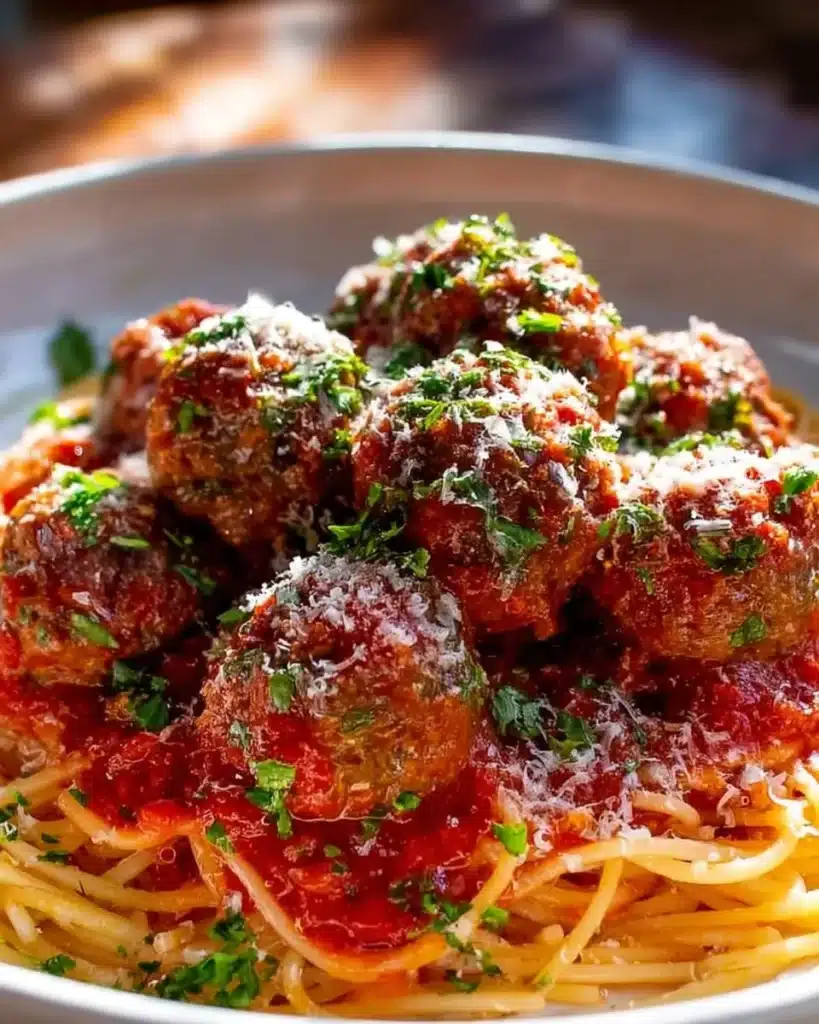 Delicious homemade meatballs ready to be served with pasta.