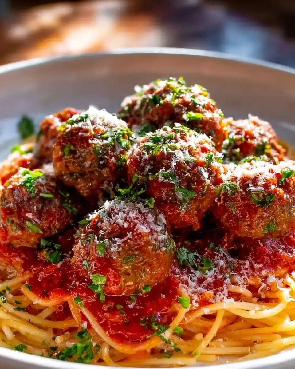 Delicious homemade meatballs ready to be served with pasta.