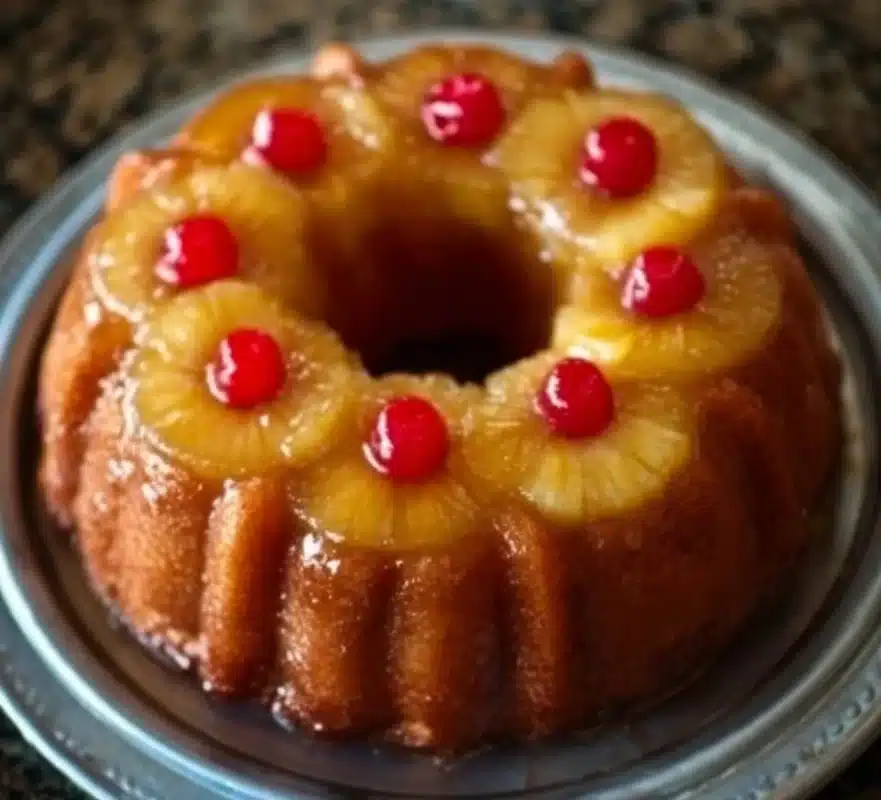 Delicious Pineapple Upside Down Bundt Cake topped with caramelized pineapple.