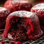 Red Velvet Lava Cupcakes with melted chocolate center and cream cheese frosting