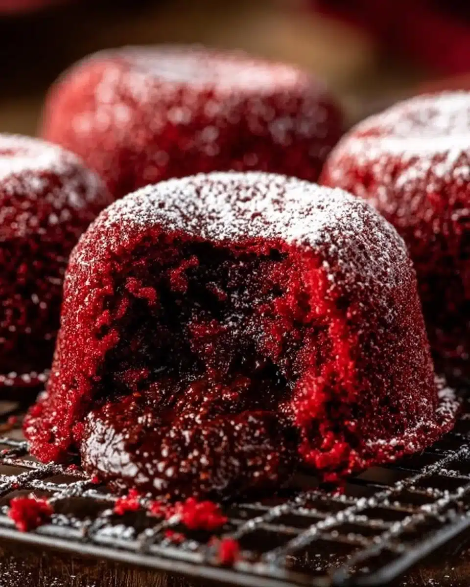 Red Velvet Lava Cupcakes with melted chocolate center and cream cheese frosting