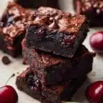 Decadent roasted cherry brownies topped with melted chocolate.