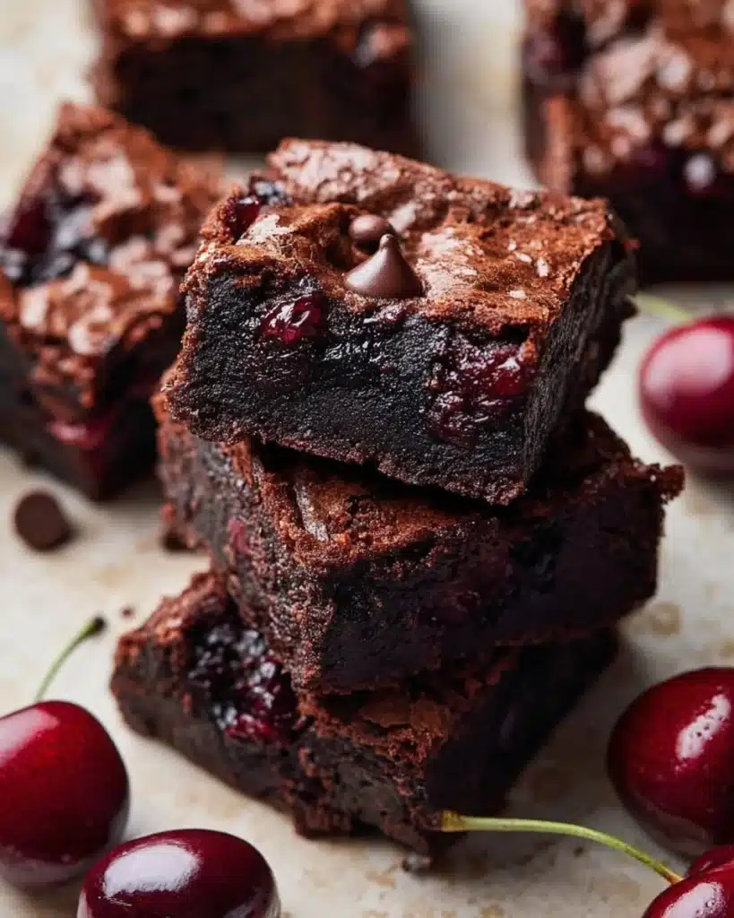 Decadent roasted cherry brownies topped with melted chocolate.