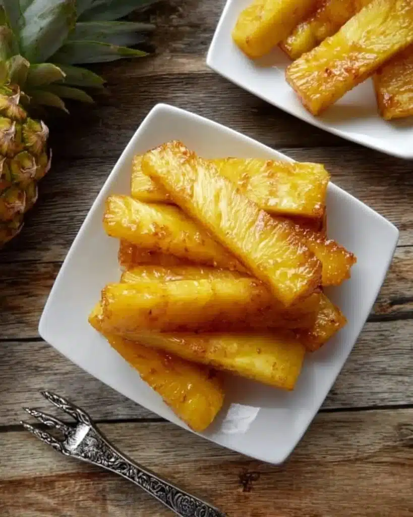 Roasted pineapple topped with honey cinnamon glaze on a serving plate