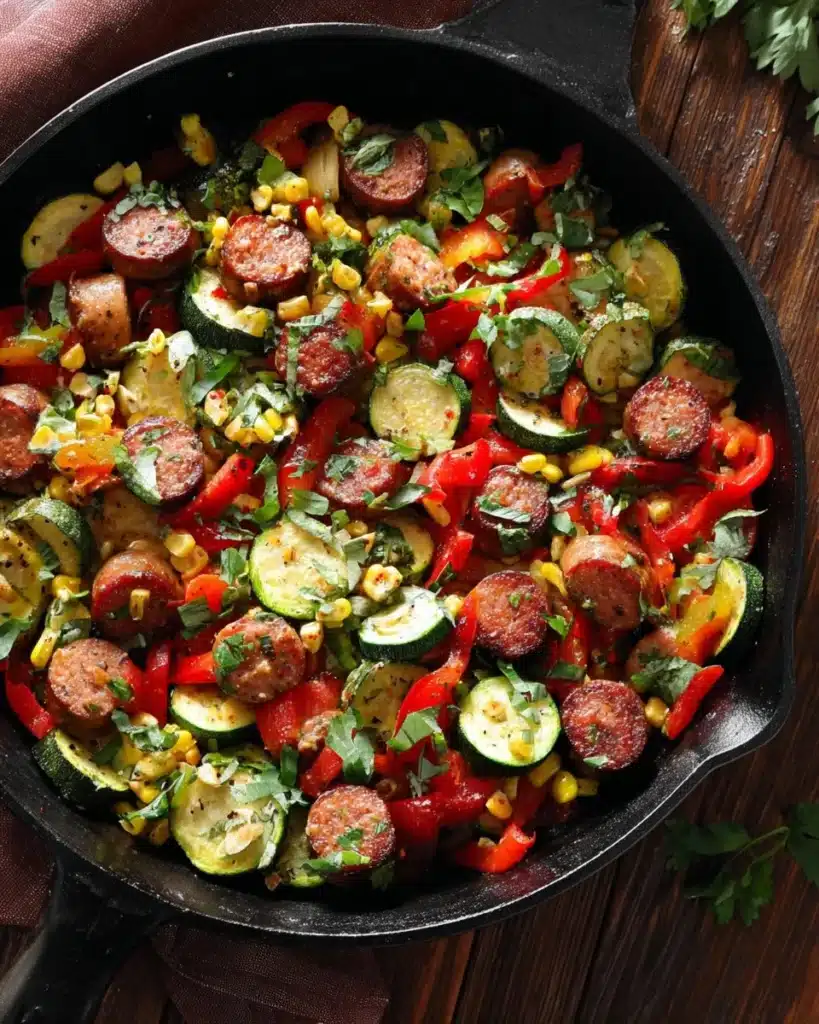 Colorful Sausage Veggies Skillet cooked to perfection with fresh ingredients