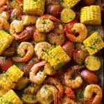 Delicious sheet pan shrimp boil with shrimp, potatoes, and corn