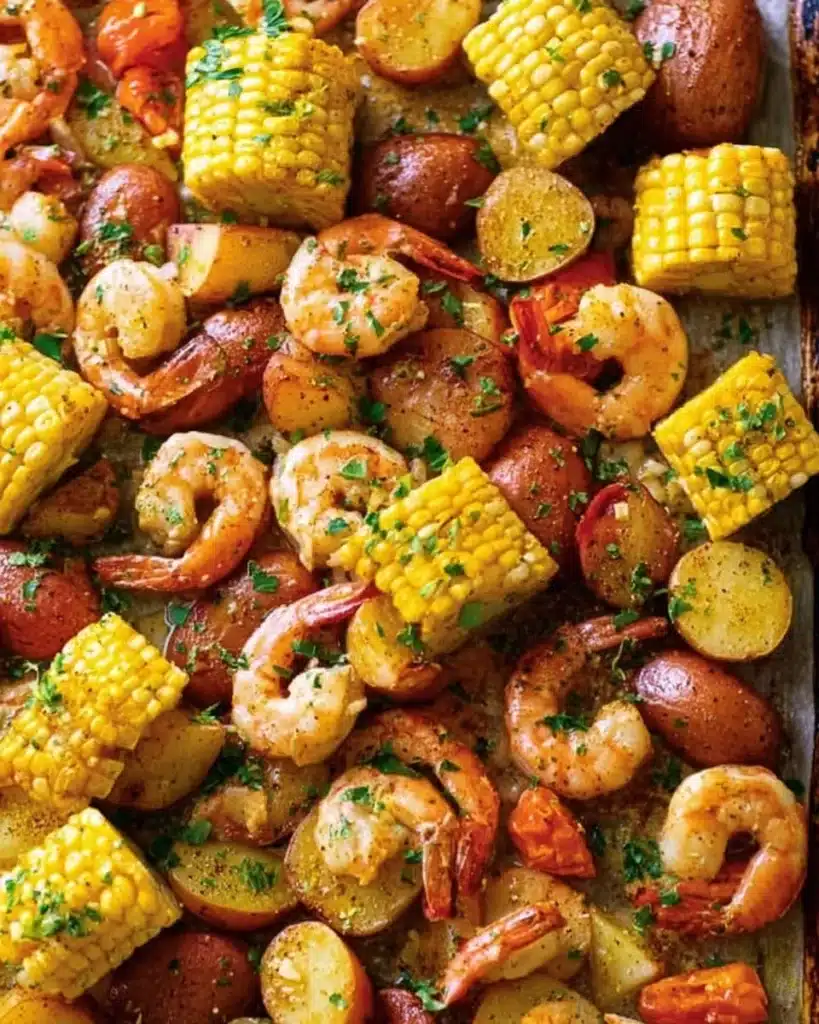 Delicious sheet pan shrimp boil with shrimp, potatoes, and corn