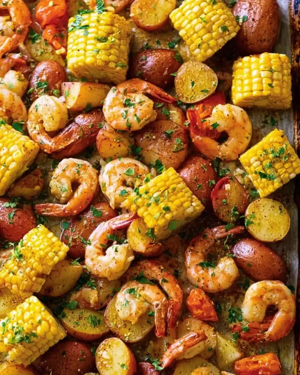 Delicious sheet pan shrimp boil with shrimp, potatoes, and corn